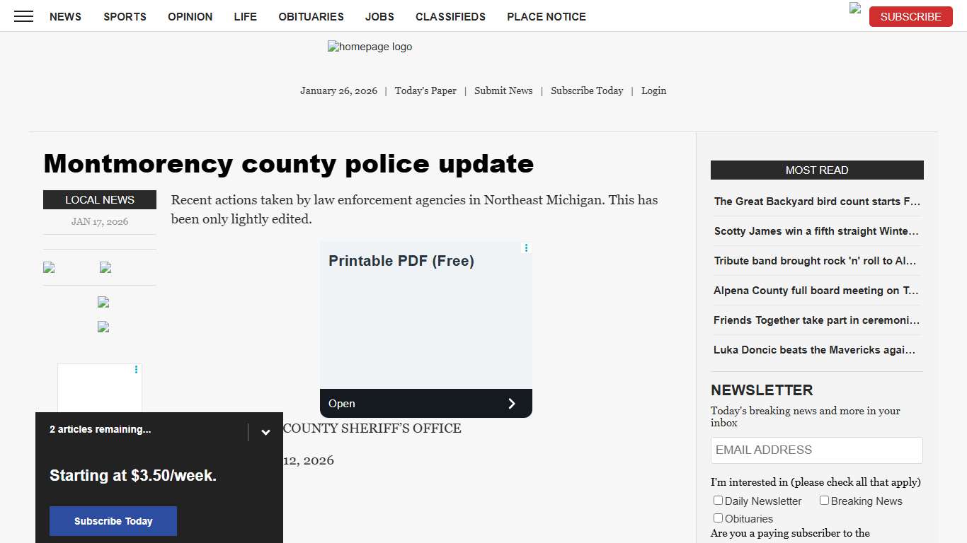Montmorency county police update News, Sports, Jobs - The Alpena News